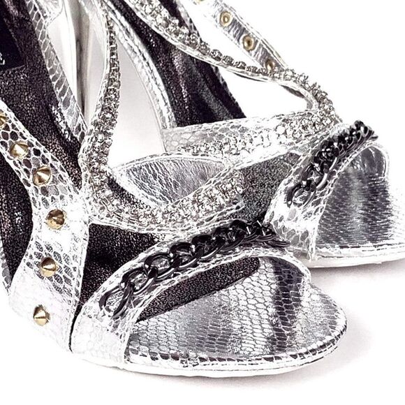 NEW Celeste Metallic Silver Open Toe Studded Stiletto Heels Size 6.5 - Picture 3 of 7